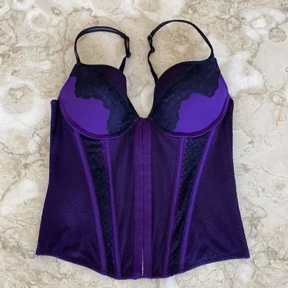 La SENZA Bustier Purple Black Lace Open Cross Back Medium - Picture 13 of 16